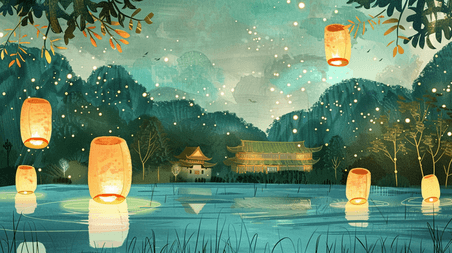 创意彩色手绘户外风景山水景色河面孔明灯的插画祭祀祭祖