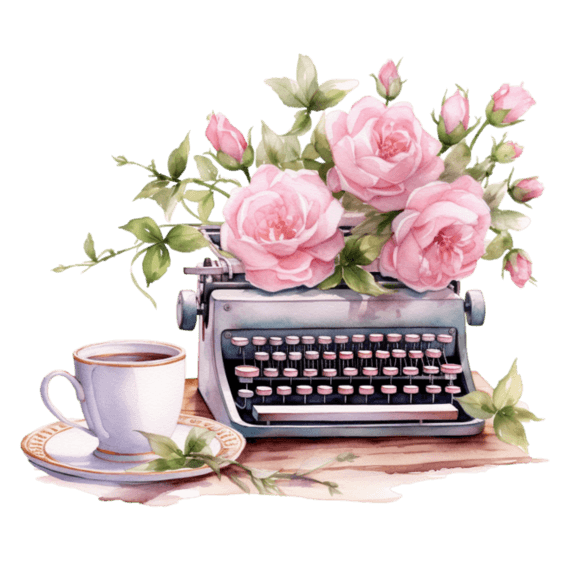 创意浪漫文艺粉色打字机玫瑰下午茶花朵打字机元素免抠图案