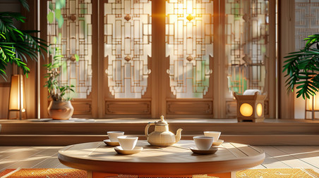 创意中式屏风茶楼早楼喝茶茶艺茶室国潮中国风高清图片