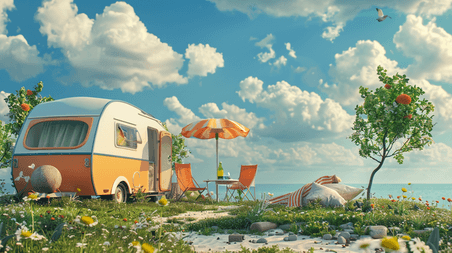 露营五一劳动节创意蓝天白云下海边风景汽车旅游的插画
