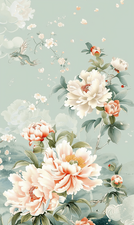 创意中国风植物花朵国画山水牡丹花背景