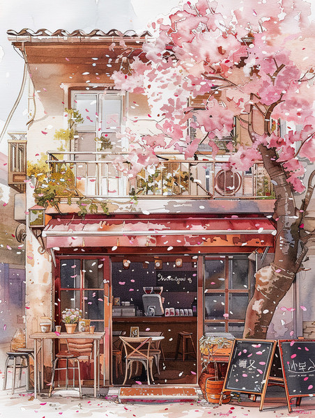 创意水彩樱花盛开街角咖啡店插画图片春天美景