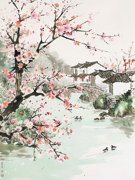 创意春天春季江南中国风水墨桃树盛开的春水风光池塘插画设计