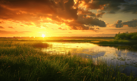 创意草原湿地上的晚霞草坪夕阳落日风景