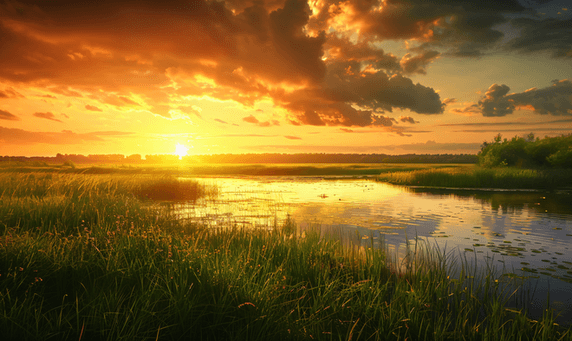 创意草原湿地上的晚霞草坪夕阳落日风景