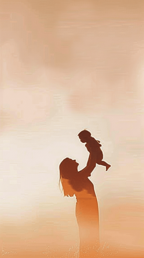 创意母亲节拥抱的母子剪影粉色褐色背景