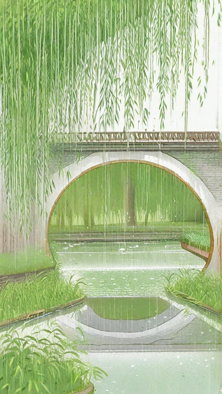 创意绿色春天清明节垂柳景观设计中国风江南水乡
