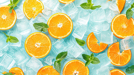 创意夏天清凉水果切片的橙子冰块薄荷叶