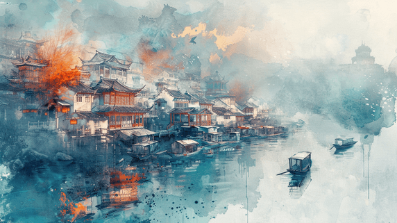 创意彩色手绘绘画山水风景的水彩旅游水乡古镇插画