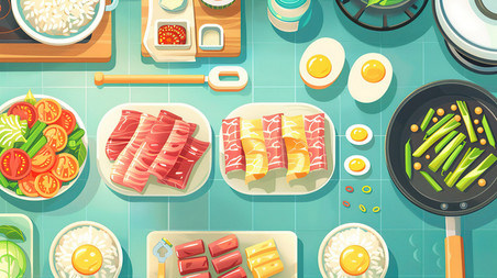 创意美食火锅材料游戏桌面蔬菜肉类插画设计