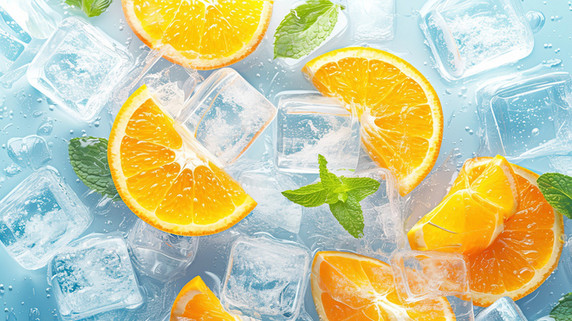 夏天清凉水果切片的橙子冰块薄荷叶高清摄影图