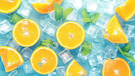 创意夏天清凉水果切片的橙子冰块薄荷叶摄影配图