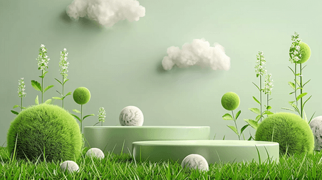 创意可爱风春季3D绿色春天植物电商展台场景背景