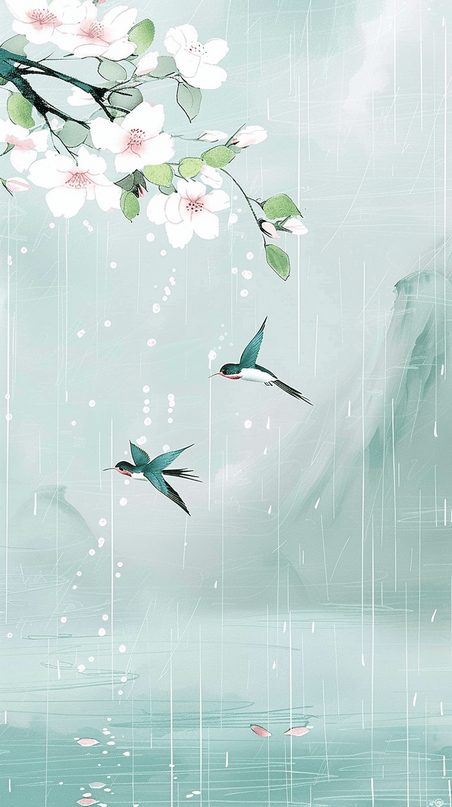 创意清新中国风清明节春天谷雨节气国风花鸟图片