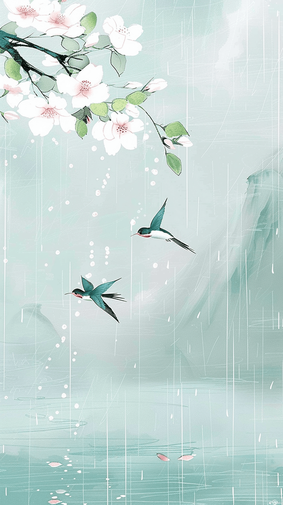 创意清新中国风清明节春天谷雨节气国风花鸟图片