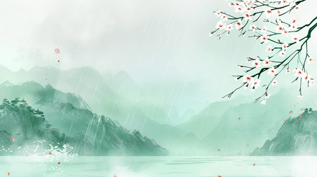 创意清明节插画背景中国风绿色水墨山水风景