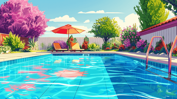 夏天夏季运动手绘唯美时尚庭院里泳池的插画