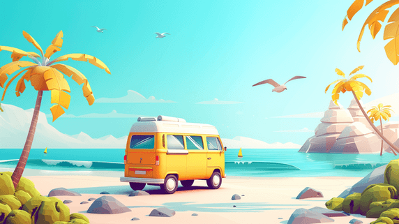 创意蓝色夏天大海旅游度假海边沙滩汽车的插画1