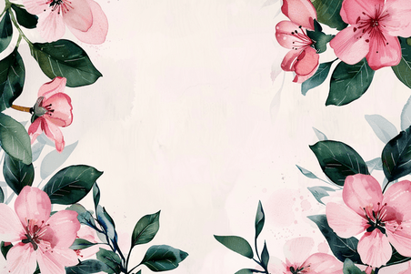 创意春天绿色植物花朵浅色背景粉色水彩植物边框插画