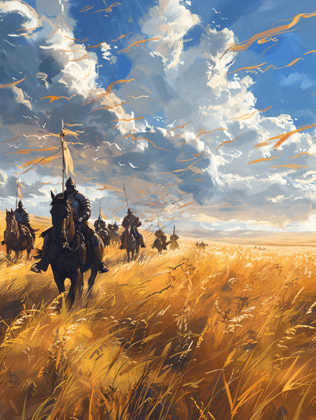 创意水彩油画战争骑兵打仗古代人物辽阔的草原与马队