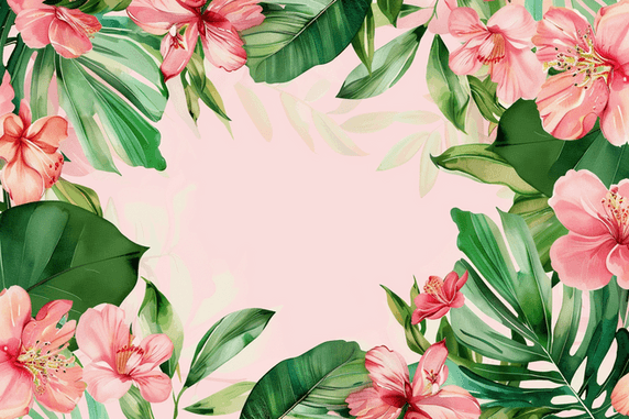 创意粉色水彩植物边框春天植物花朵浅色背景插画