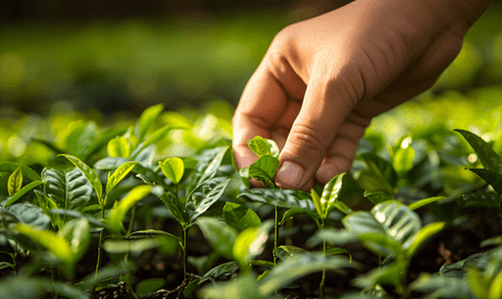 创意采茶的手特写茶农茶园植物叶子