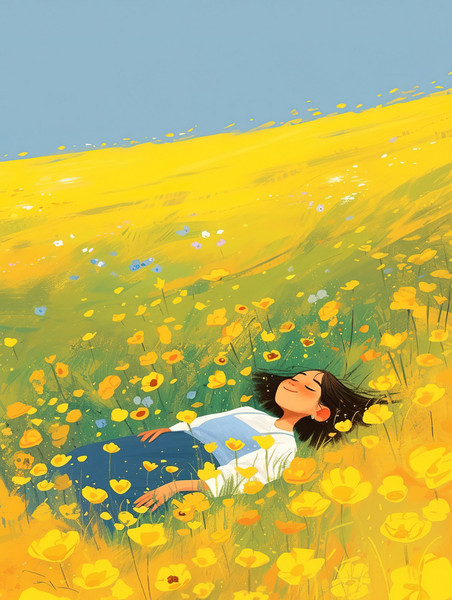 创意女孩躺在花朵丛中文艺春天浪漫吹风插画素材