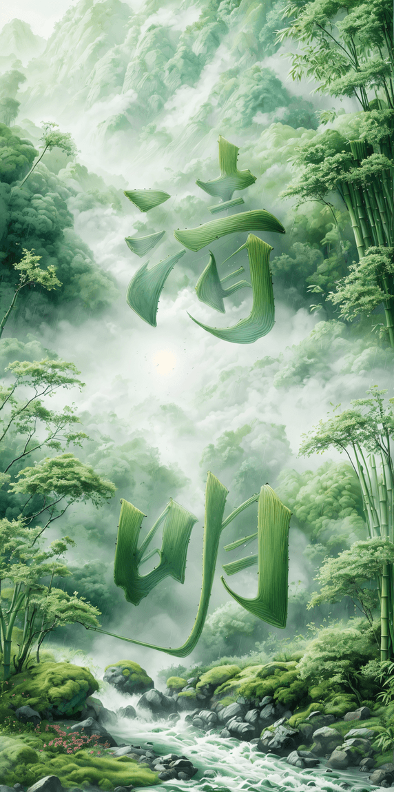创意清明绿色艺术字中国风竹林插画背景7