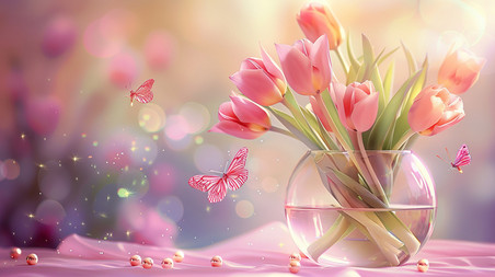 创意春天浪漫唯美盛开的郁金香花朵插花插画