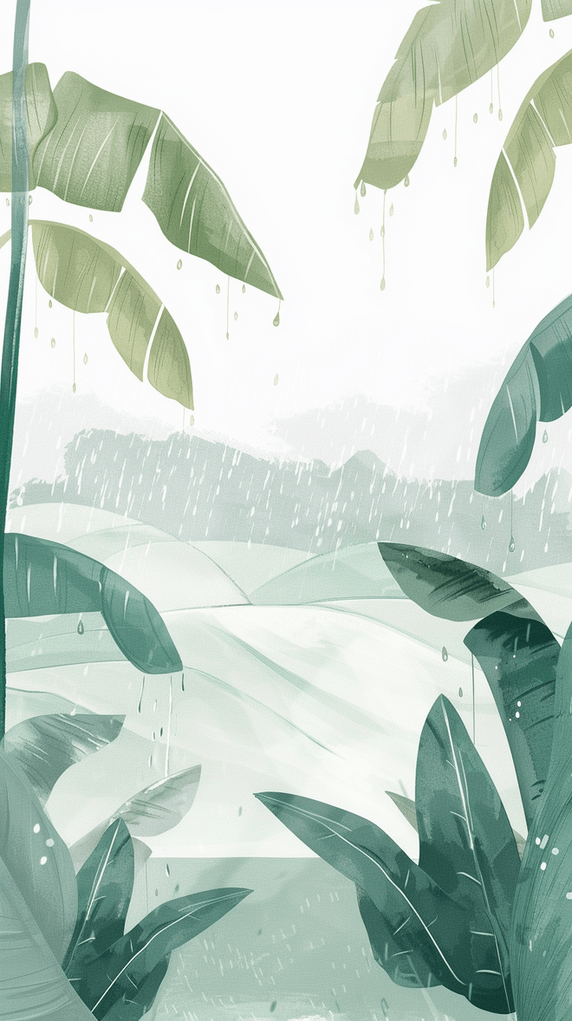 创意春天谷雨节气雨中绿植芭蕉叶植物夏天下雨背景图