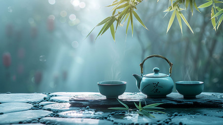 创意青色茶具春天绿色中国风茶叶春茶描绘摄影照片