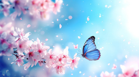 创意粉红色樱花和飞翔的蝴蝶
