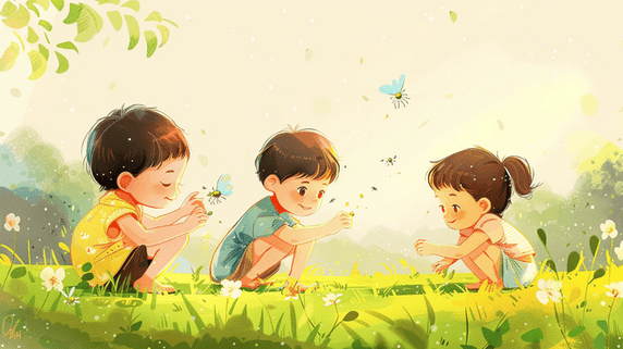 儿童节彩色户外草坪上儿童玩耍的插画