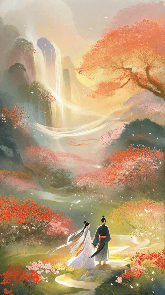 创意与凤行国风浪漫古风古代情侣背影插画山水中国风