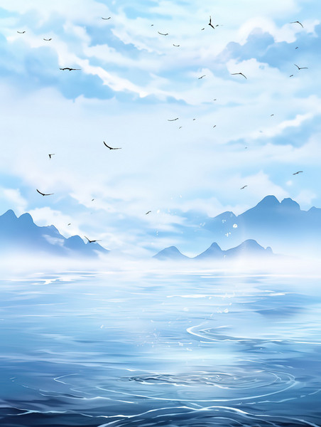 创意水彩蓝天大海水和天空同色水波背景图12