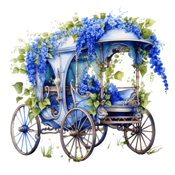 创意四轮花车花朵蓝色童话梦幻春天浪漫马车元素免抠图案