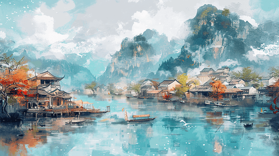 创意彩色水彩旅游水乡古镇手绘绘画山水风景的插画