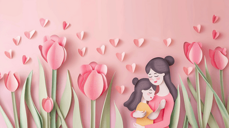 创意剪纸风粉色母亲节母女和粉色花朵春天郁金香背景