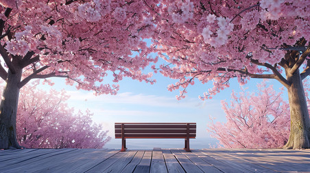 创意樱花树下的木椅子背景
