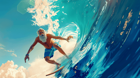 创意蓝色手绘大海海上男子冲浪的运动油画插画
