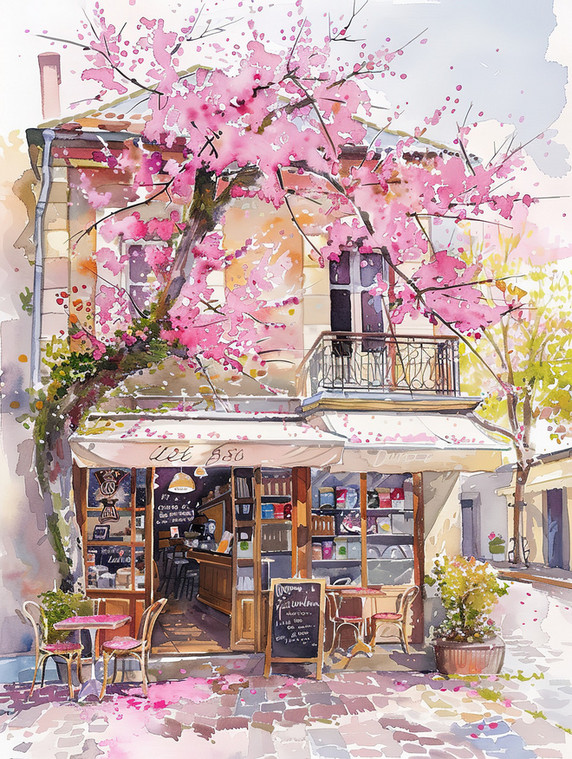 创意樱花盛开街角咖啡店素材水彩春天美景