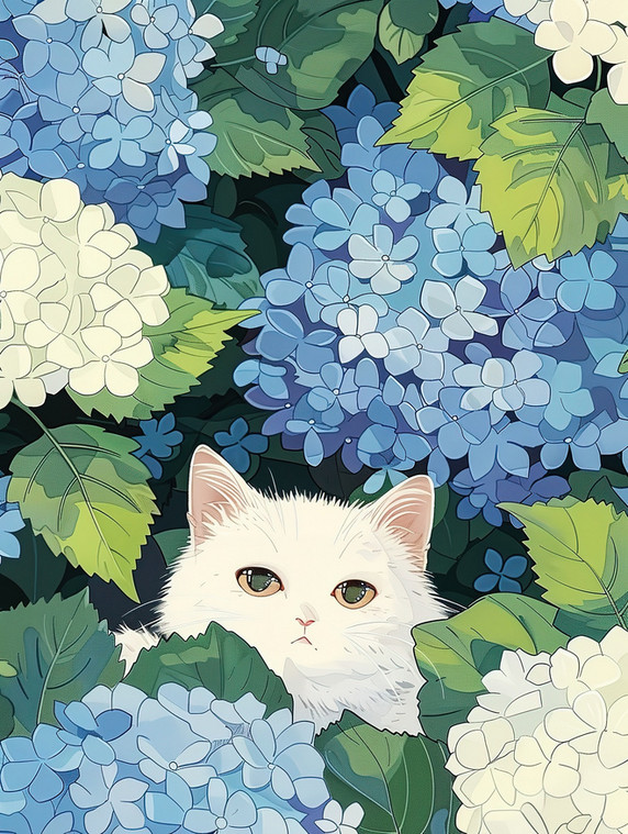 浪漫唯美文艺藏在绣球花里的白猫插画图片