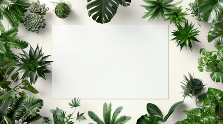 创意植物绿叶边框白墙上绿植春天夏天芭蕉叶简约背景