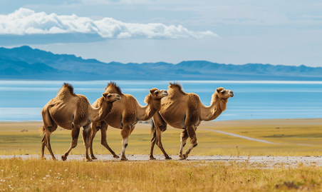 创意青海湖边的骆驼自然风景风光沙漠西北