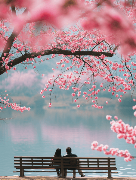 创意西湖樱花浪漫植物花卉花枝背影情侣约会