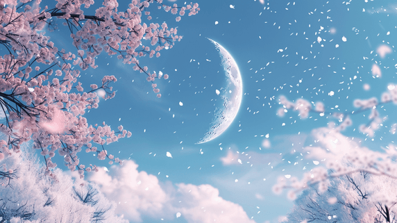 创意粉蓝色树木唯美月亮天空的樱花浪漫背景