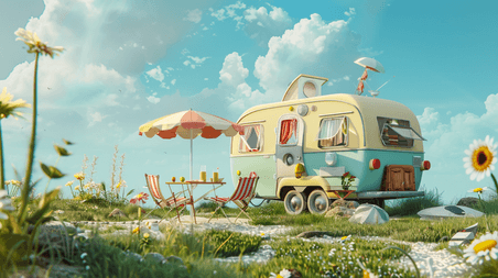 创意蓝天白云下海边露营五一劳动节风景汽车旅游的插画