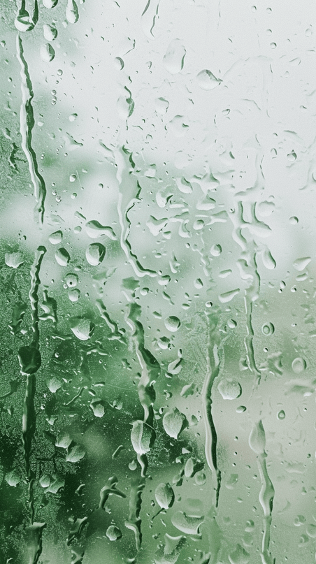 创意春天绿色玻璃窗上的雨点抽象梦幻朦胧下雨背景素材