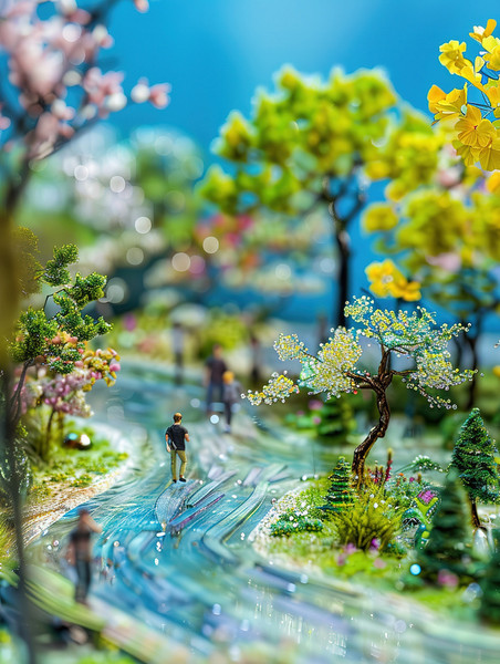 创意微型景观春天花朵绿叶公园森林微距插画