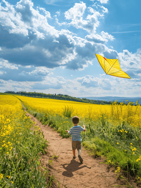 儿童节童年奔跑踏青旅游玩耍一个小男孩在油菜地的小路上放风筝
